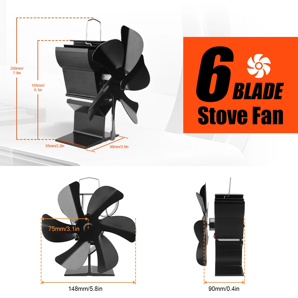 6 Blade Heat Powered Stove Fan Mini Fireplace Fan Log Wood Burner Eco-fan Quiet Fireplace Fan Heater Efficient Heat Distribution