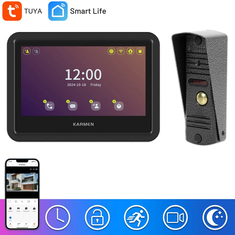 KARMEN Tuya Video Door Phone WiFi,Smart Intercom for Home,Touch Screen,Motion Detect,Video Record,Smart Phone Control,Unlock