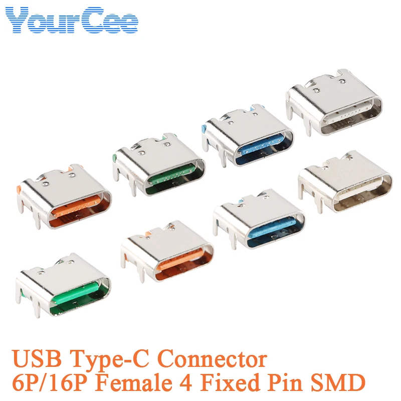 10Pcs USB Type-C Female Connector 6P/16P 4 Fixed Pin SMD High-Current Fast Charging Socket White Orange Blue Green