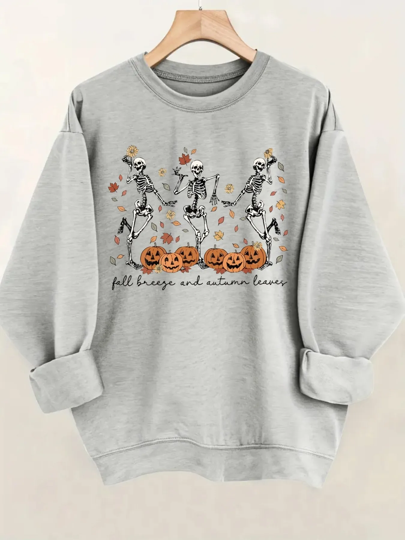 Women's Crew Neck Pullover Sweatshirt Skeletons Pumpkins Leaves Design, Soft Casual Long Sleeve, Daily Casual Top Outfit, Winter Women's Clothing, Halloween Costume Outfit