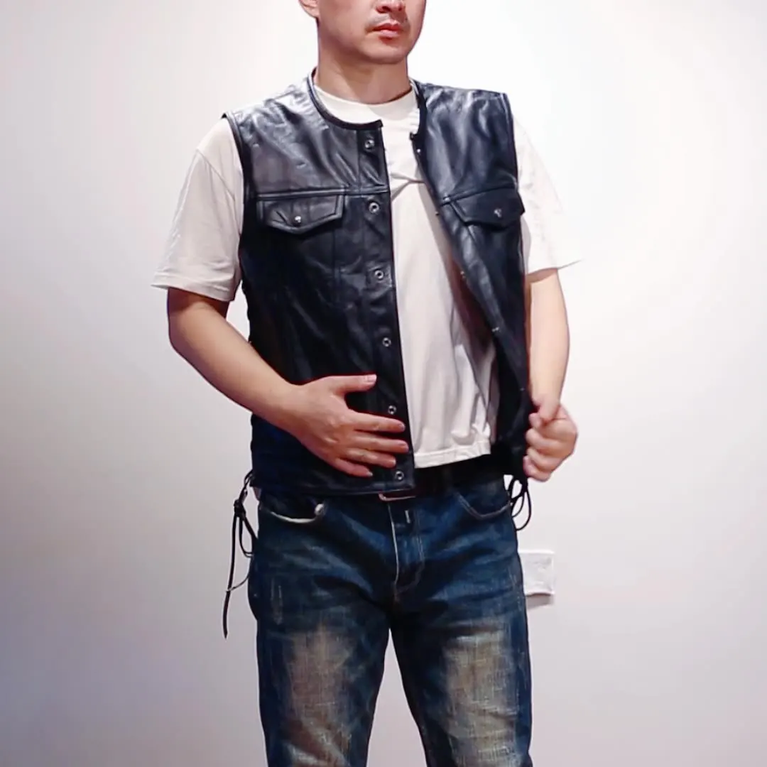 Trendy brand vest rock leather motorcycle vest men's round neck casual short waist first layer cowhide vest