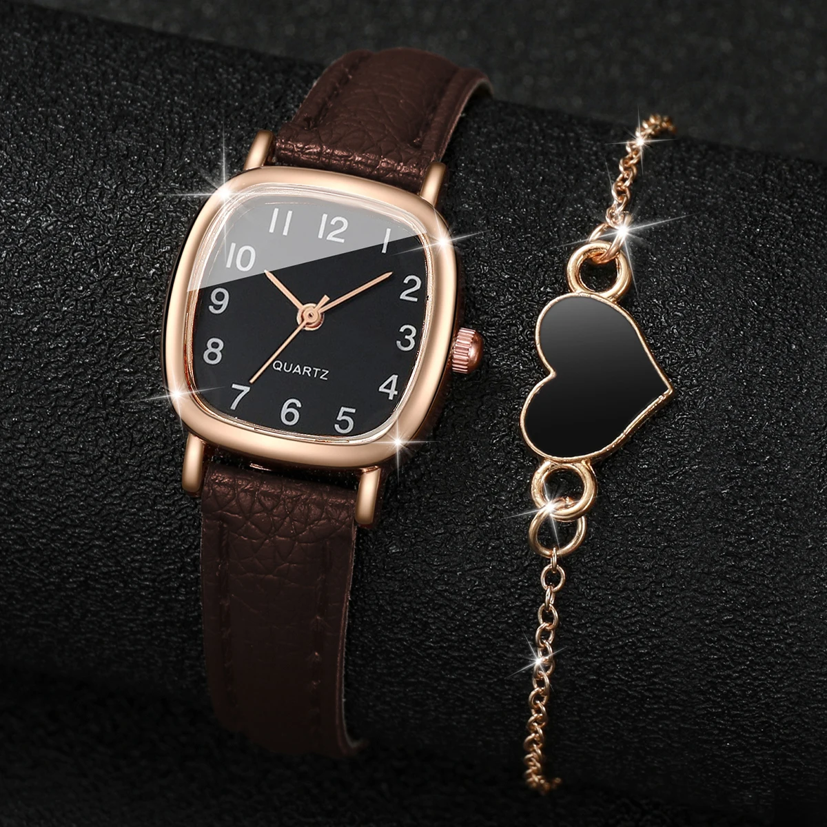 Fashion Women Square Case Leather Strap Quartz Watch & Heart Bracelet