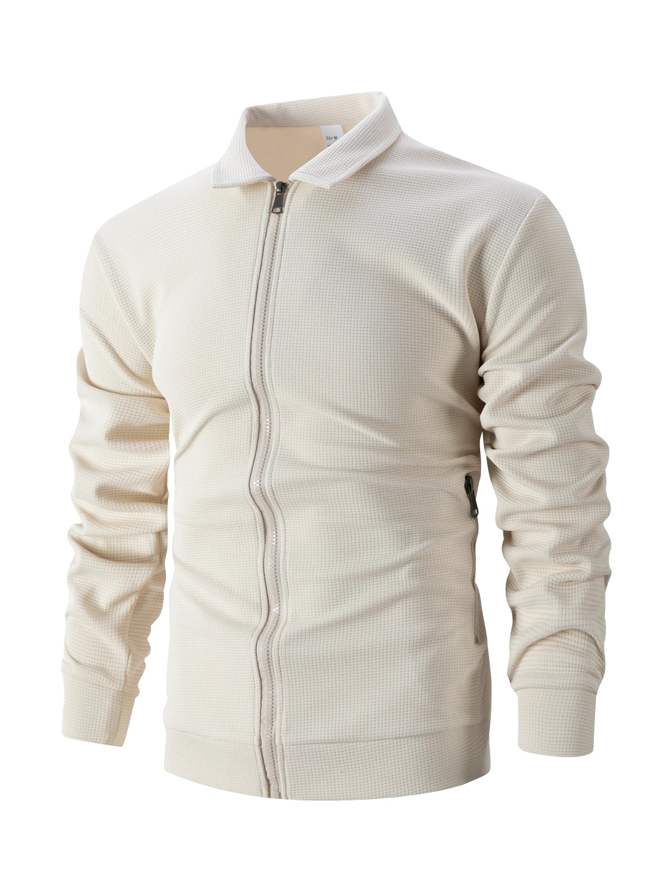 Herren-Waffelstrickjacke mit Knöpfen und Reißverschluss – Langer, lässiger Mantel mit Reißverschluss und Reißverschlusstaschen – unverzichtbar für Einkäufe und Verabredungen – Detail 6
