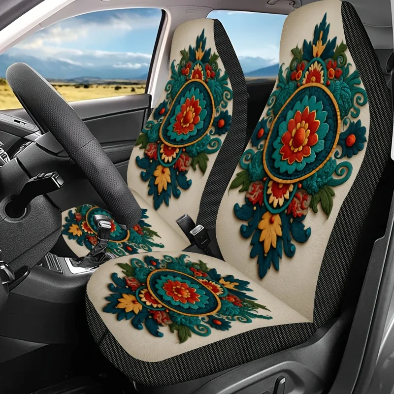 Two Bohemian Style Colorful Mandala Printed Car Seat Covers, Easy To Clean, Unisex Front Seat Protectors For Cars, Stylish Autom