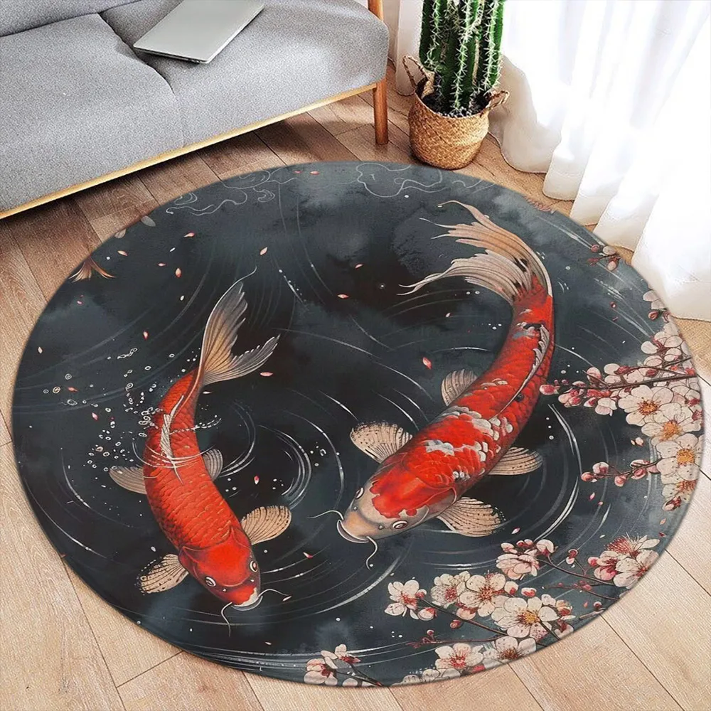 Koi Bliss Round Carpet Carp Print Home Decor Pong Lotus Leaf Summer Round Rug Happiness Bedroom Living Room Floor Mat Area Mat