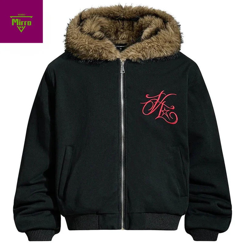 

Мужские зимние куртки с меховым воротником, плюшевые теплые парки, пальто, винтажные куртки в стиле Харадзюку большого размера, верхняя одежда для мужчин