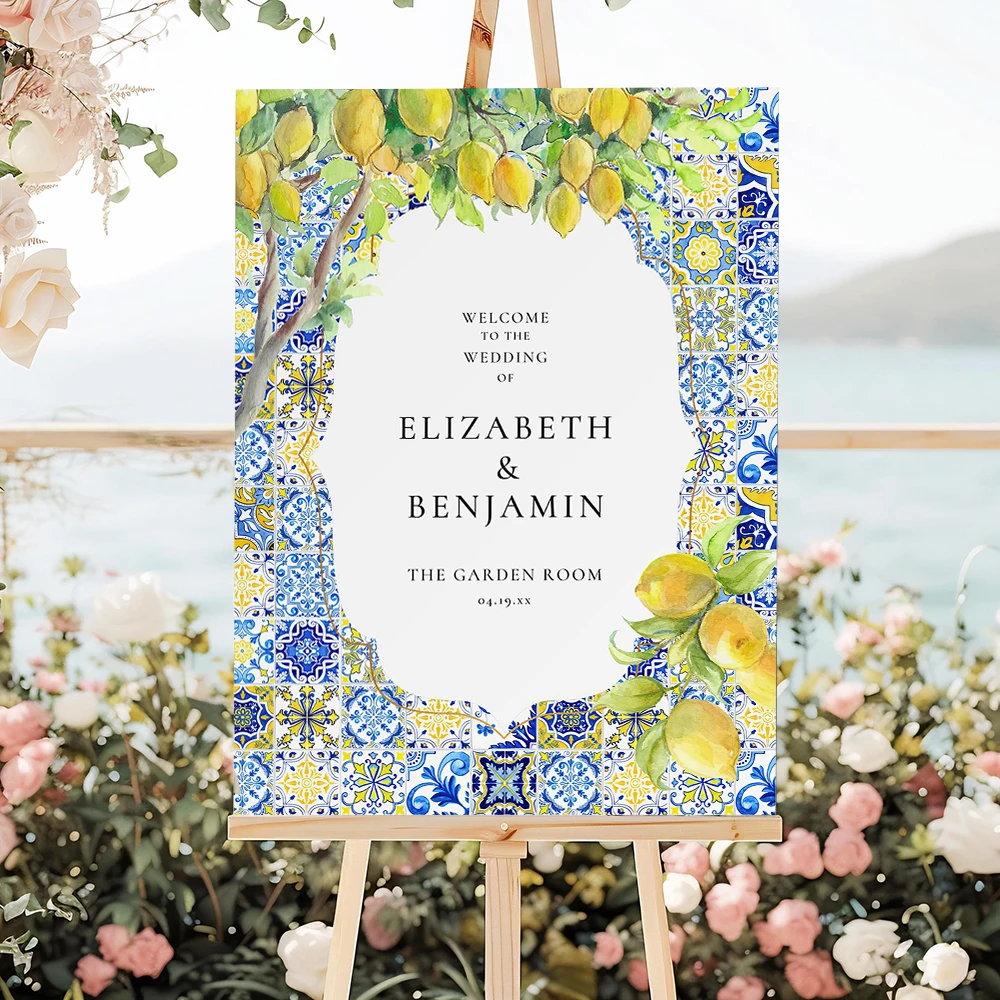 Mediterranean Lemon Wedding Welcome Sign Poster Bridal Shower Blue Art Print Canvas Painting Wall Picture Bachelor Party Decor