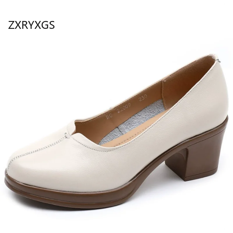 

ZXRYXGS Top Cowhide Genuine Leather Shoes Women High Heeled Shoes 2025 New Fashion Round Toe Office Work Banquet Shoes Tide