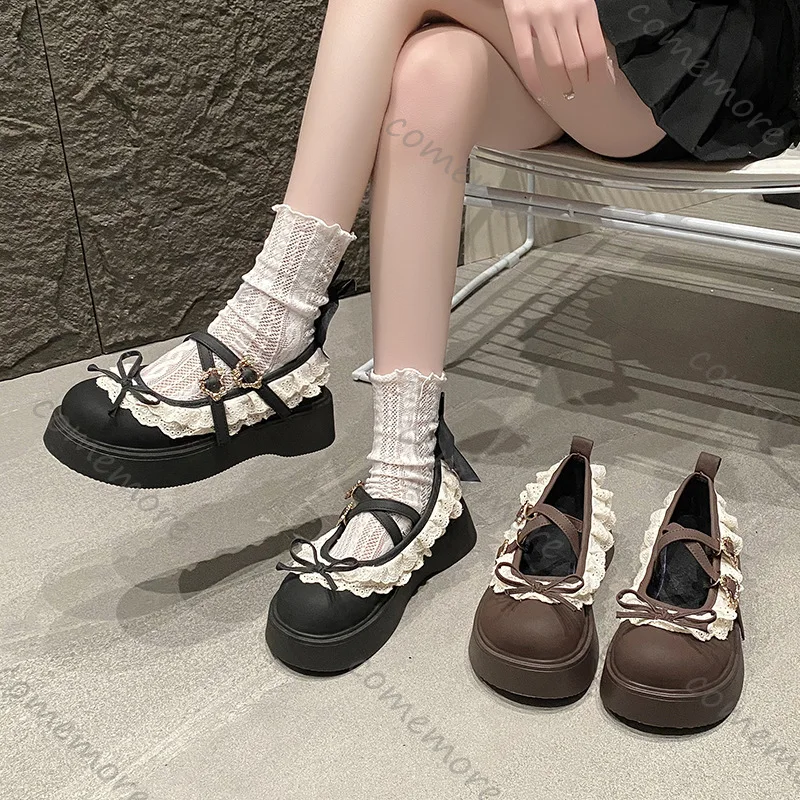 Comemore Brown Retro Thick Bottom Loafers New Spring and Autumn Round Toe Shallow Bow Lace Mary Jane Shoes Casual Platform Pumps