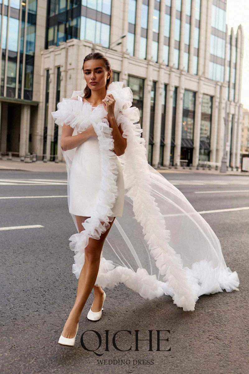 ชุดแต่งงานแบบสองชิ้น QICHE คอเหลี่ยม สายเดี่ยวผูกโบว์ เปิดหลัง ผ้าซาติน ชุดเจ้าสาวแบบสั้น  รับตัดตามสั่ง