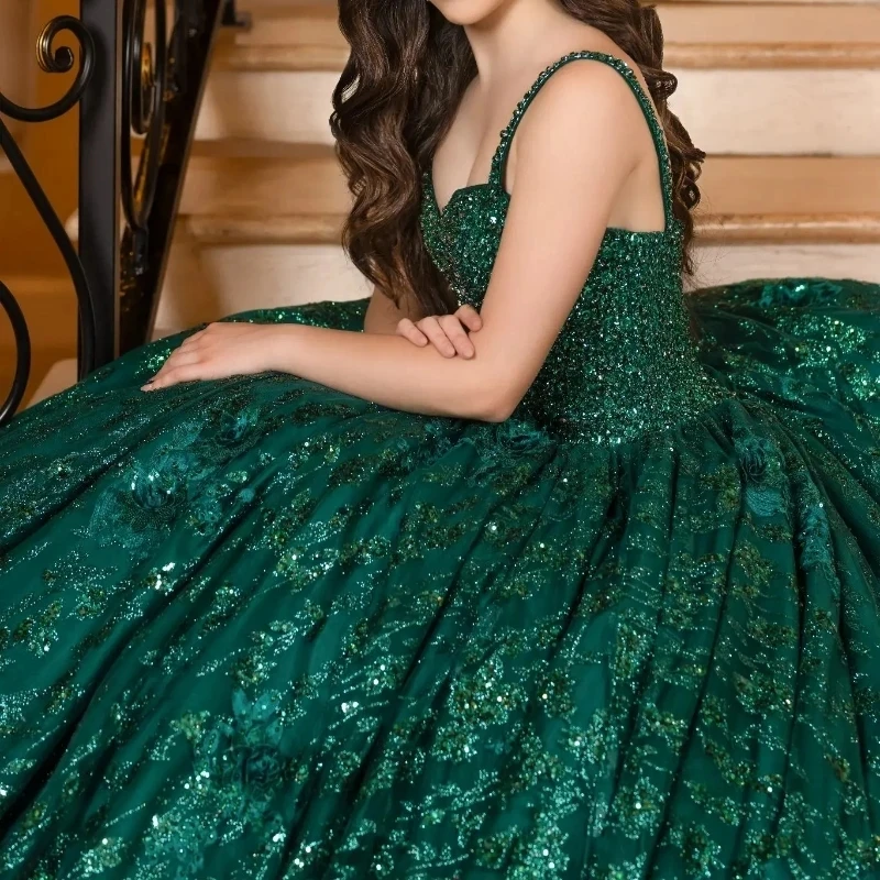 2024 Blackish Green Shiny Quinceanera Dress Ball Gown Sequins Applique Lace Beaded Tull Off Shoulder Sweet 16 Vestido De 15 Anos