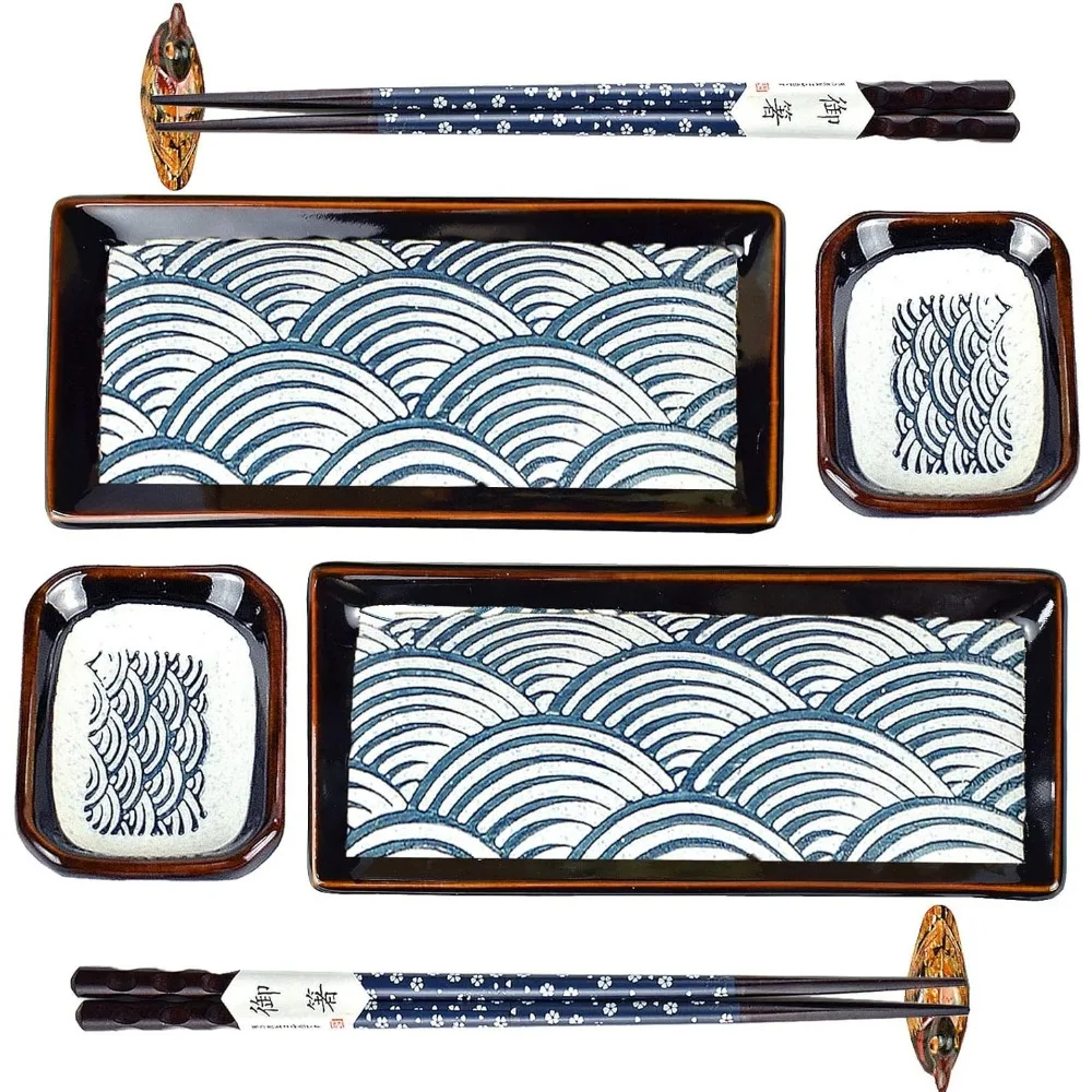 Juego de Vajilla de Cerámica Estilo Japonés de Ocho Piezas para Sushi con Platos, Tazones para Salsas, Palillos y Soportes
