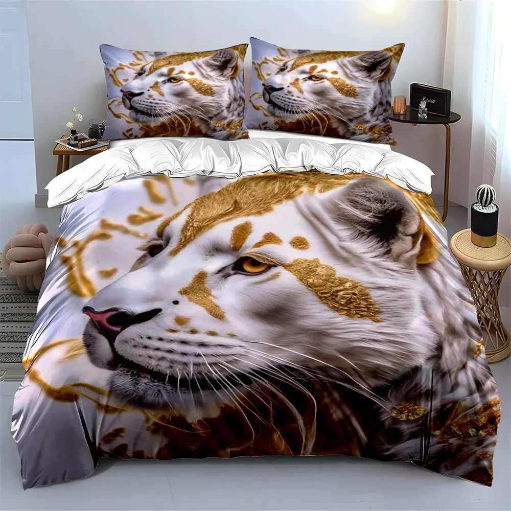 Luxury Gold Foil White Tiger Close Up Bedding Set, Noble Golden Wild Animal Luxury Home Decor,1 Duvet Cover 2 Pillowcase, Gift