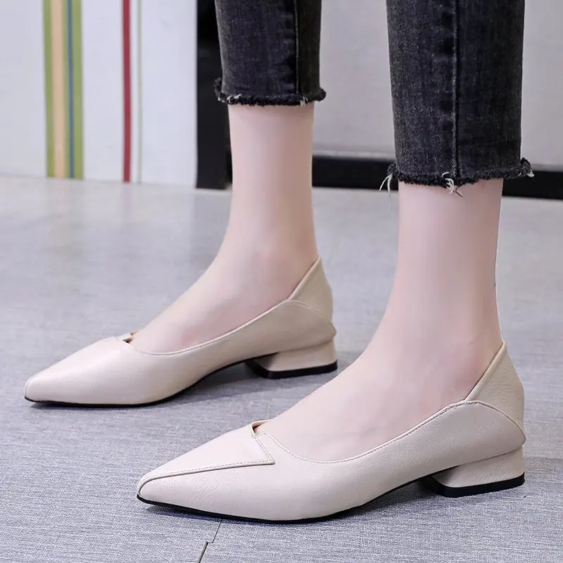 Pumps Women Shoes Shallow Chunky Heeled Pointed Toe Ladies Shoes Platform Soft Leather Women Fashion Dress Office High Heels