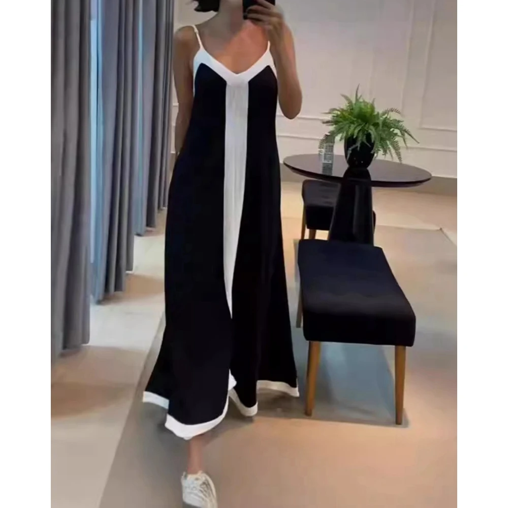 

Summer Women's Colorblock Casual Spaghetti Strap Maxi Dress Femme V Neck Slim Sleeveless Party Spring Elegant Dresses