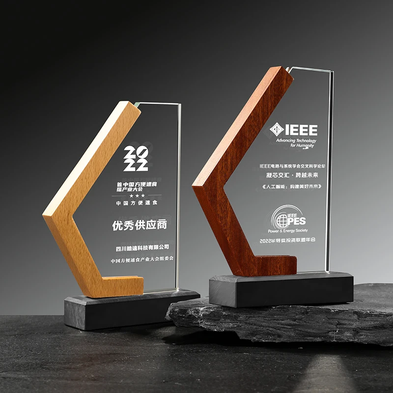 Wood Glass Trophy with Rock Base Free Engraving for Awarding to Outstanding Employees of the Enterprise