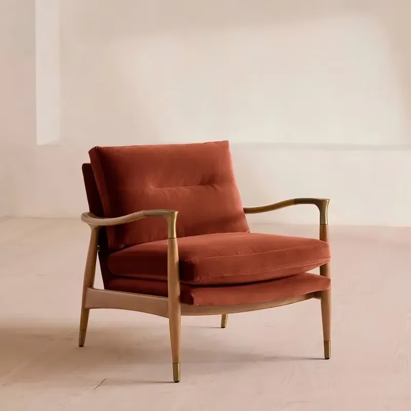 Terracotta Velvet Medieval Style Ergonomic Chair and Footstool Set Handmade Walnut Brass Legs Eco Friendly for Hotel Catering