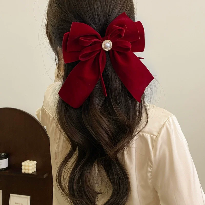 Elegant Vintage Velvet Bow Pearl Hairpins with Fabric Alloy Clips for Girls Ponytail Barrette Headwear Accessories image 2