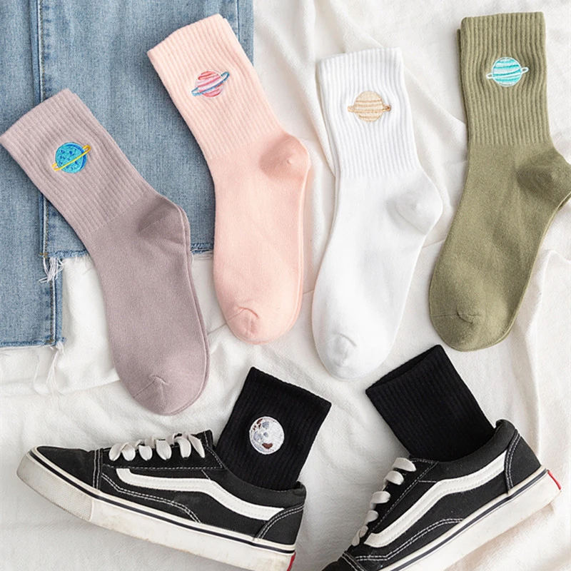 

Women Fashion Space Embroidery Wild Series Ladies College Wind Sweet Deodorant Soft Cotton Socks High-quality INS Dropship