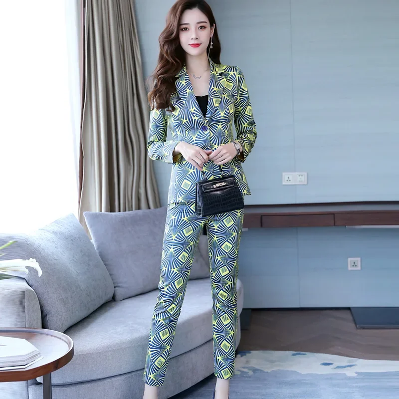 Famous Yuan Hong Kong style new women\'s wear professional suit printed small suit trousers show thin two-piece fashion