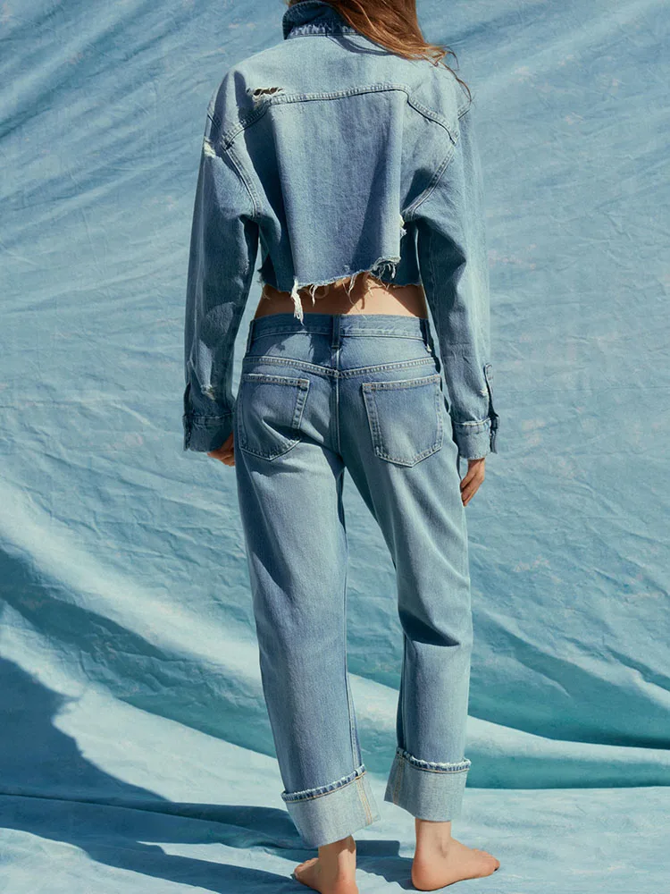 

Новое весеннее поступление, женские джинсы ort Jaet с прямыми штанинами, модный комплект из двух предметов, длинный воротник-стойка на пуговицах, Clo...