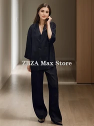 ZBZA Donna Antirughe pantaloni balzer abito doppio petto Colletto a bavero maniche lunghe cappotto vita alta Tasche frontali Pantaloni gamba larga Estate Nuovo Set Chic Femminile