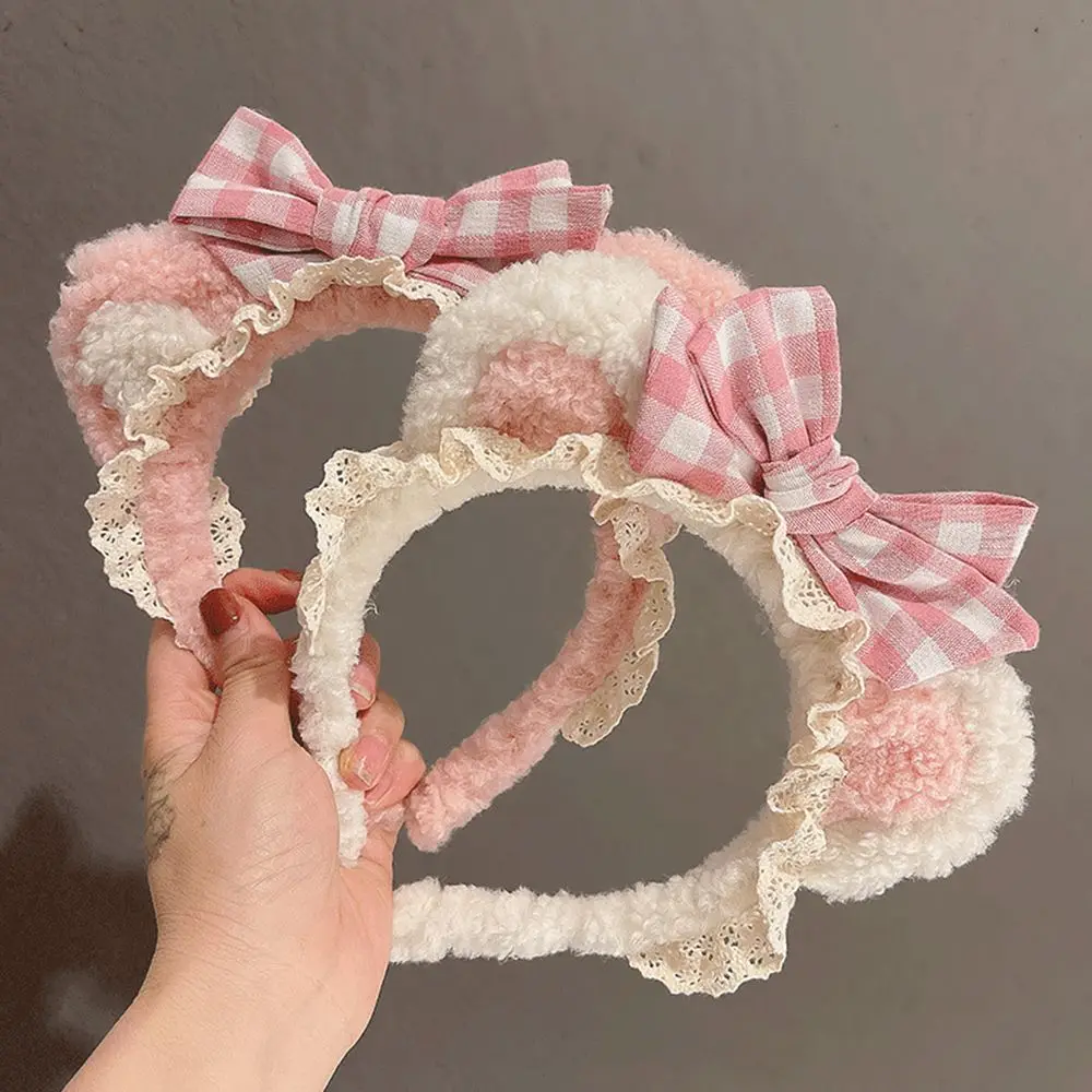 Fashion Hair Hoop Headdress Plaid Bow Make up Plush Cat Ears Women Accessories Lace Hair Band Korea Style Headband