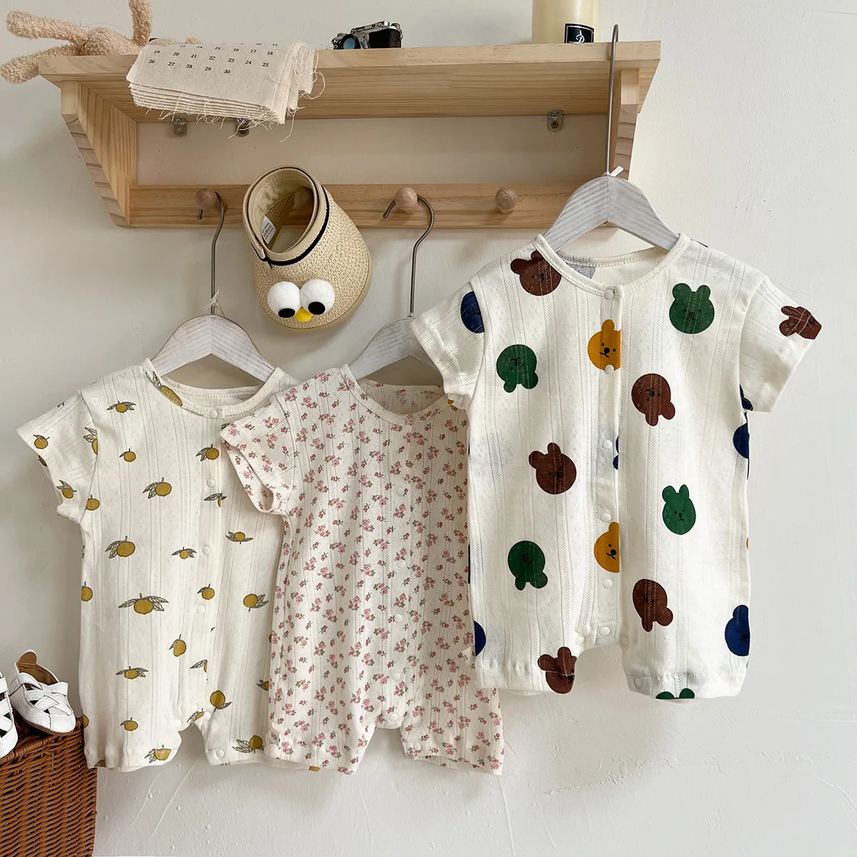 

2025 Summer New Baby Short Sleeve Romper Boy Girl Newborn Cartoon Floral Jumpsuit Cotton Infant Thin Hollow Out Pajamas 0-24M