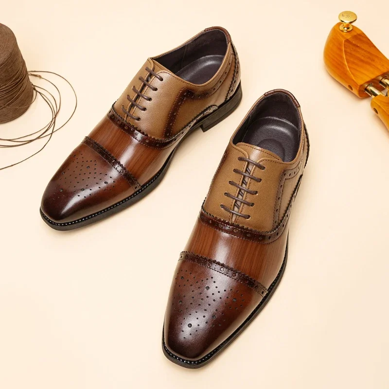 Luksusowe męskie buty Brogue Square Toe Mixed-Colors Men Dress Shoes Business Office Flats Eleganckie męskie buty ślubne na imprezę Duży rozmiar — zdjęcie 5