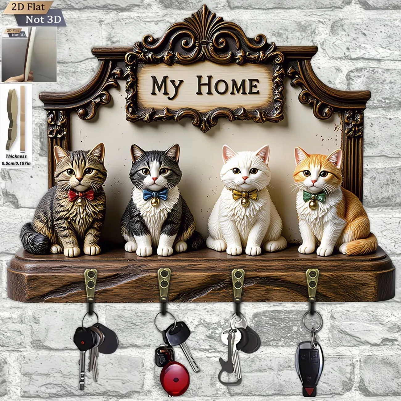 Porte-clés vintage « Mon Nid » en forme de chat, support mural 2D à impression plate avec 4 crochets, organisateur de clés décoratif pour la maison avec chat mignon à nœud papillon