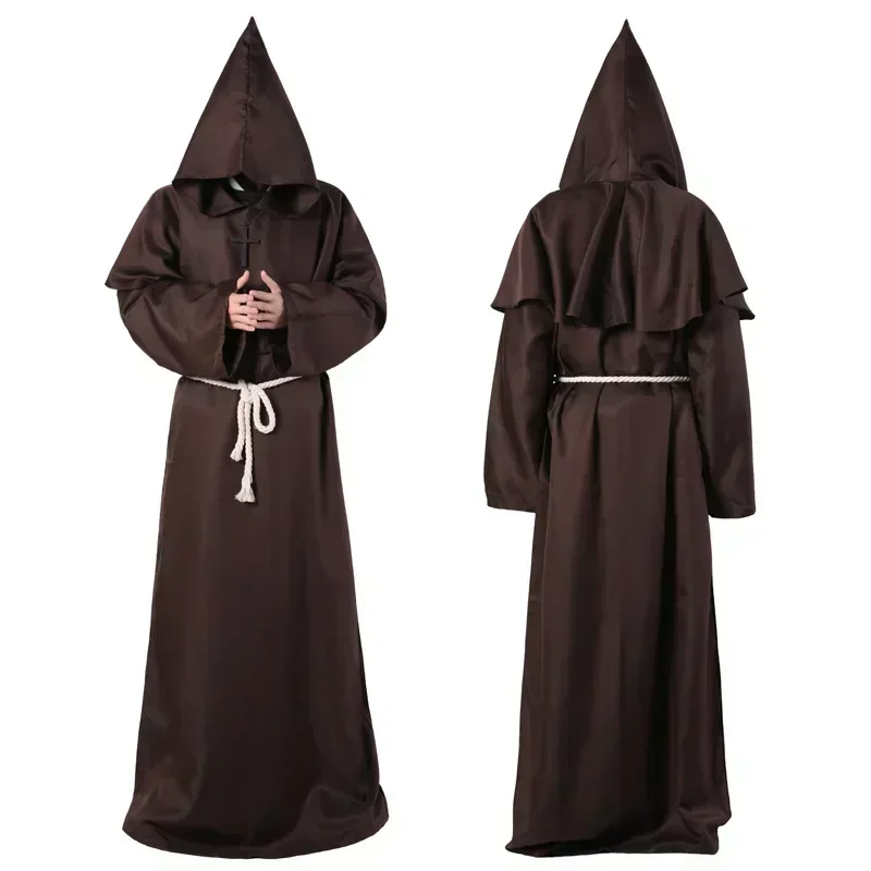 Halloween Wizard Costume Cosplay Medieval Hooded Robe Costume Monk Friar Robes Priest Costume Ancient Clothing Christian Suit