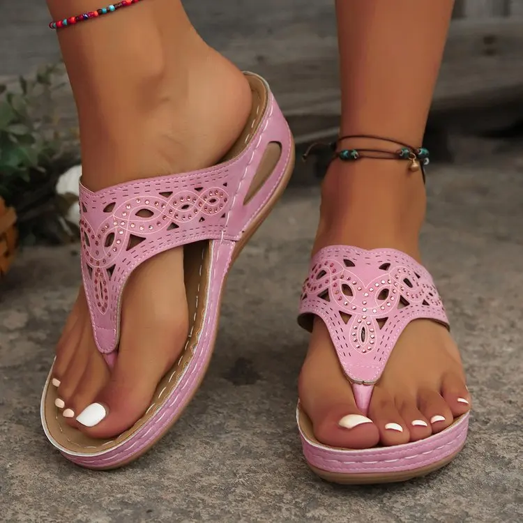 Frauen Keil Plattform Flip-Flops Damen Slide Slip auf Tanga Sandalen Sommer Strand Hausschuhe Atmungsaktive Weiche Unterseite Walking Hausschuhe – Detail 9