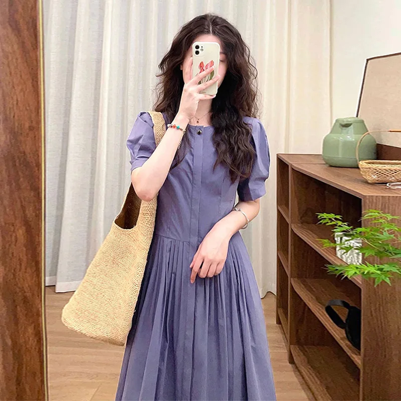 2024 Slimming Long Dress Cotton Pressed U-neck Waist-fitted Commute Dress Short Sleeve