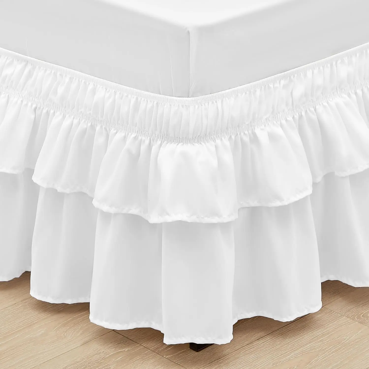 So Pretty Double Layers Ruffles Queen Bed Skirts 16 Inch Drop With Sturdy Elastic Wrap Around Easy Install Soft Fabric（White）