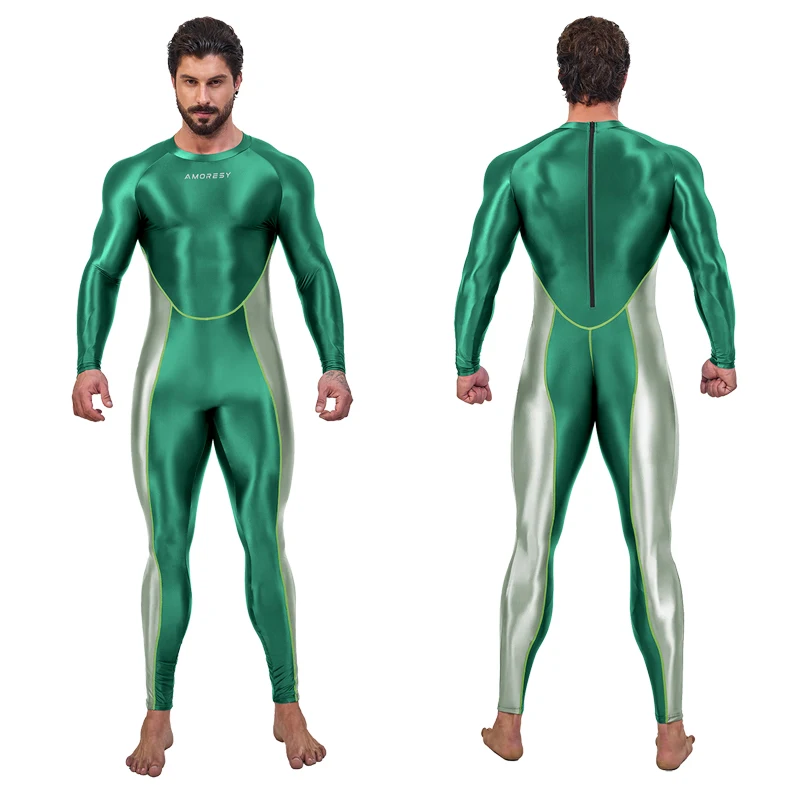 AMORESY Sexy men's gloss sports tights Shiny Bodysuit Cosplay Catsuit Jumpsuits Stretch Bodystocking Zentai Suit yoga clothes