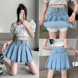 Spring Fashion Summer New High Waist Women Denim Short Skirts with Belted Jeans Skirts Female Pleated Sexy Mini Skirt Y2k Skirt