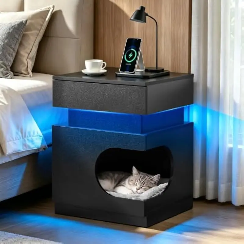 18 Inch Multi-Functional Wood Nightstand with Dimmable LED Lighting Smooth Drawer Storage Charging Hub 2 Outlets 2 USB-A 1 Type-