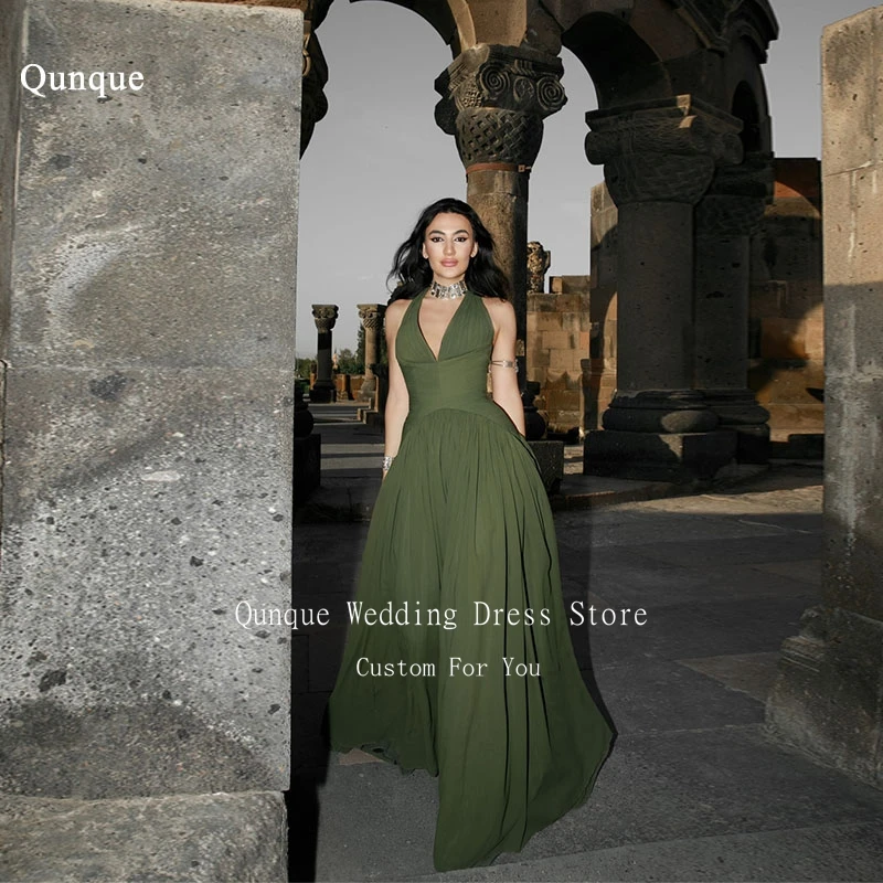

Qunque Elegant Olive Green Evening Gowns Chiffon Pleated Prom Party Dresses Sleeveless Halter Long Bridesmaid Dress Customized