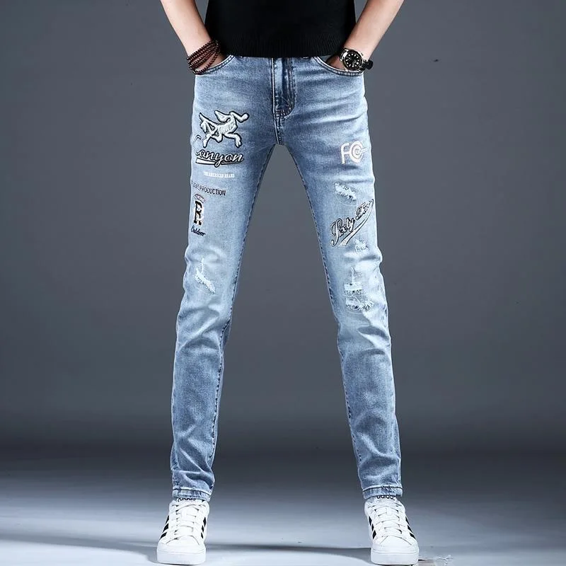 

Spring and Autumn New Trend Printed Straight Leg Stretch Slim Pants Men's Casual Slim Fit Comfortable Sports High Quality Jeans