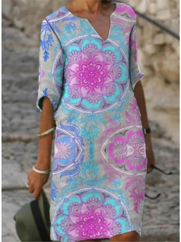 

Spring Summer Vintage Loose Midi Dress Women Fashion Casual V Neck Half Sleeve Geometry Floral Print Party Dresses Vestidos