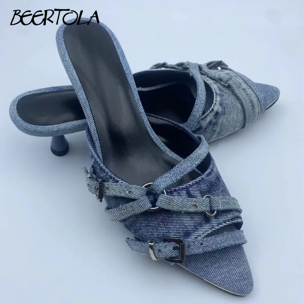 

Women's Denim Pointed Toe Slippers Low Heel Denim Strap Buckle Sexy Open Toe Sandals Stiletto Fashion Casual Slippers