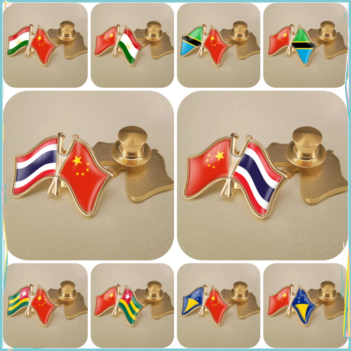 China and Tajikistan Tanzania Thailand Togo Tokelau Crossed Double Friendship Flags Lapel Pins Brooch Badges