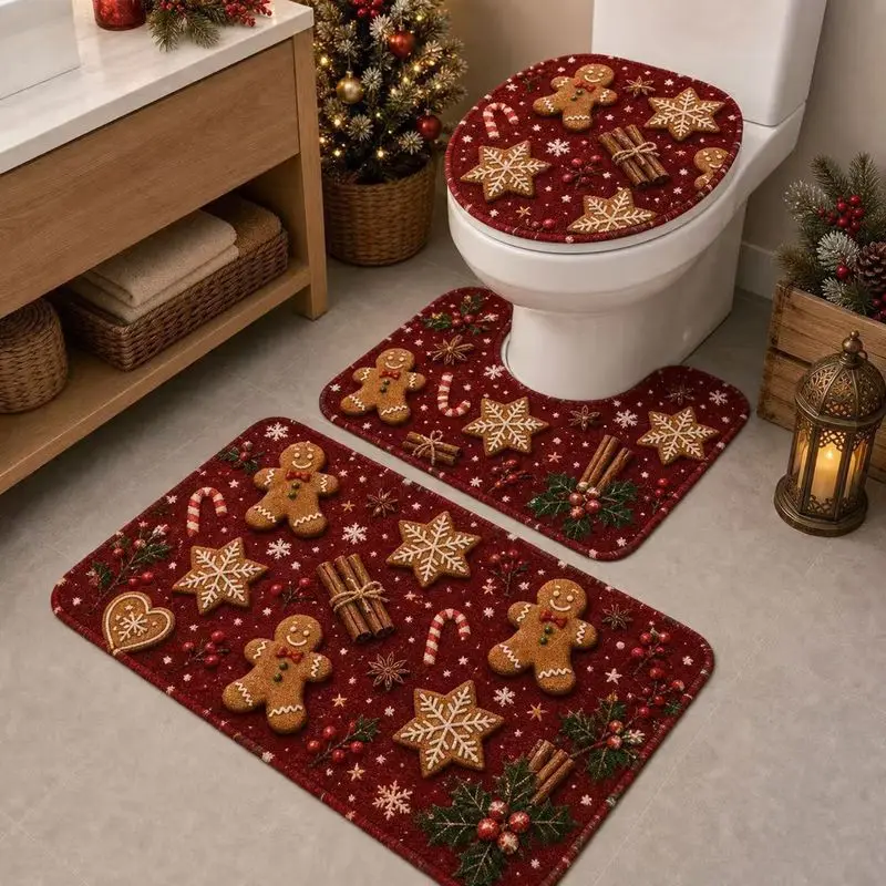 VIKAMA Christmas Toilet Mat Set Poinsettia Bathroom Rug Toilet Seat Cover U Shape Mat Soft Bath Mat Holiday Decor