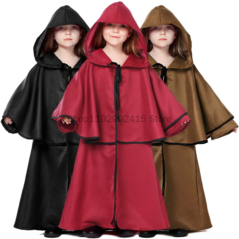 

Halloween Carnival Party Costumes European Medieval Ruffled Cloaks Hooded Cape Party Cosplay Children Robe Cloak for Girls Boys