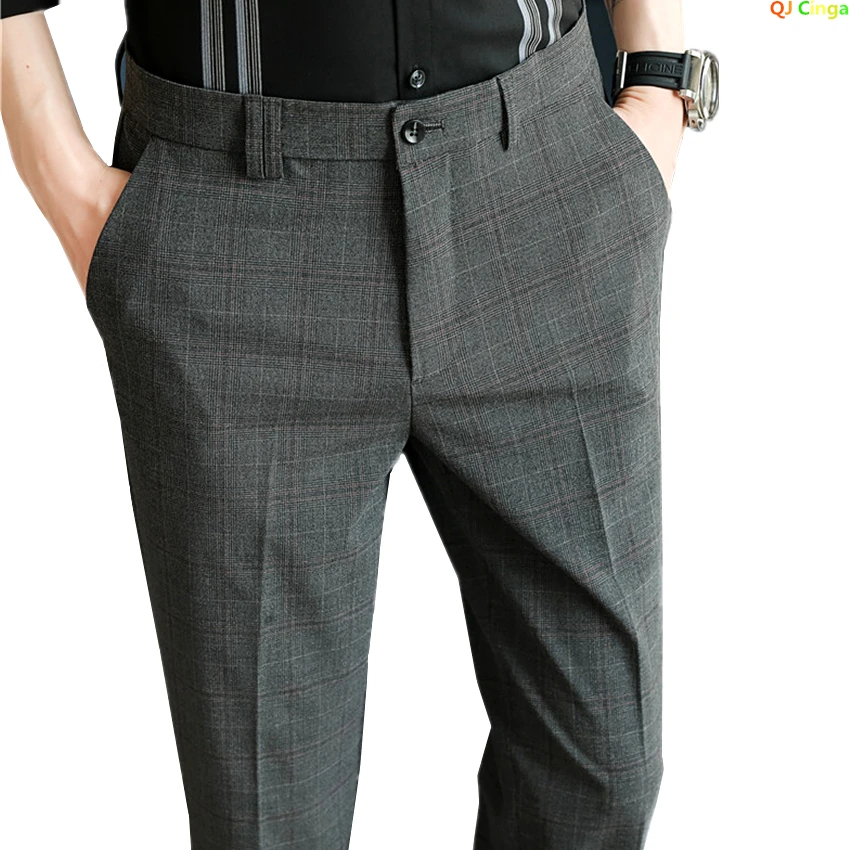 Gray Plaid Suit Pants Men\'s, Fashion Slim Streaks Trousers, Korean Navy Blue Pantalones Hombre 28 29 30 31 32 33 34 36 38