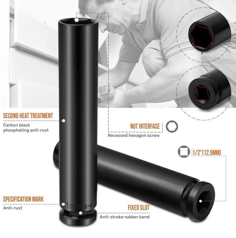 1/2 Long Socket Adapter Spanner Electric Impact Wrench Socket for Air Pneumatic Repair Tools Deep Impact Wrench Socket