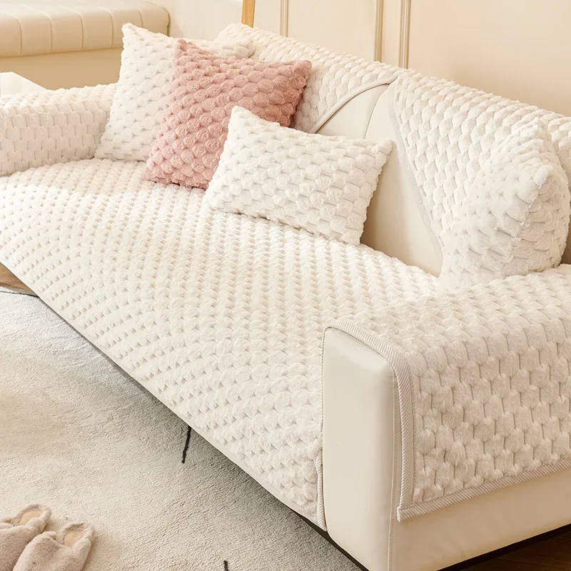 Winter Thicken Honeycomb Shape Sofa Towel Plush Warm L Corner Universal Sofa Cover Soft Non-slip Couch Cushion Living Room Mat