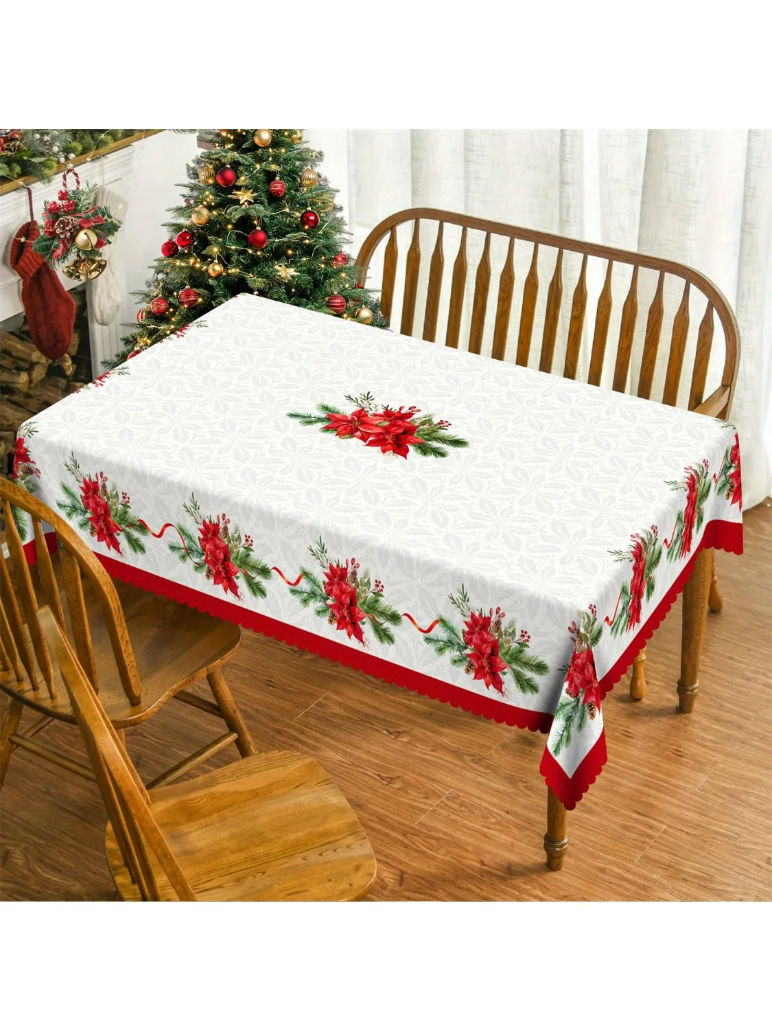 Christmas Poinsettia Pine Branch Waterproof Tablecloth Table Decor Winter Holiday Kitchen Dining Tablecloth Christmas Decoration