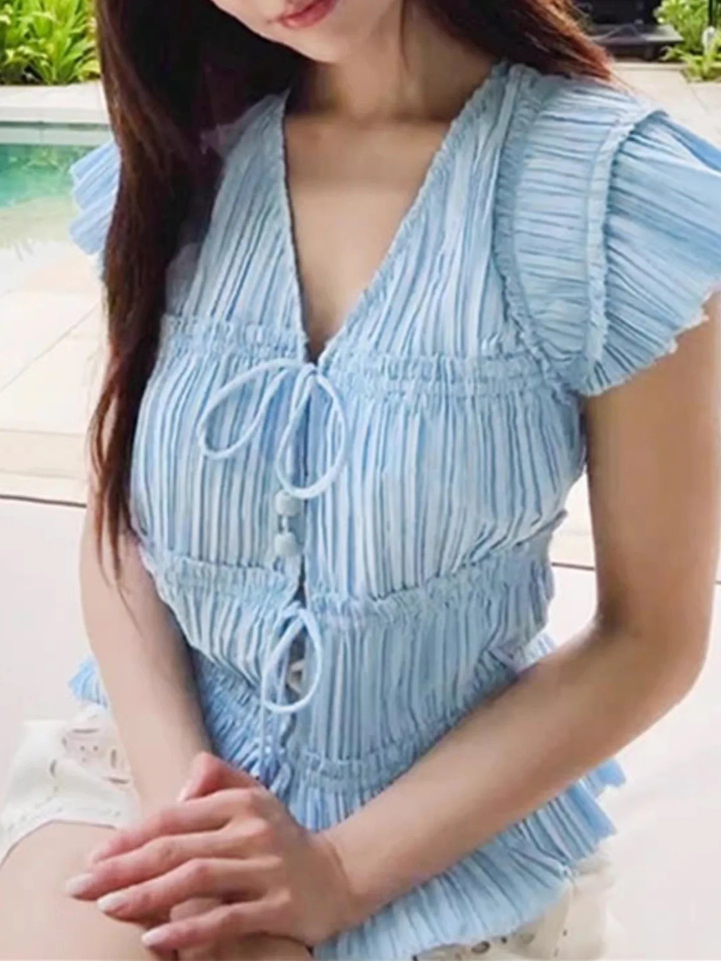 

Withered Women's Pleated Small Fly Sleeves With A Butterfly Tie And V-neck Shirt New For Spring And Summer Woman Clothes Shirts