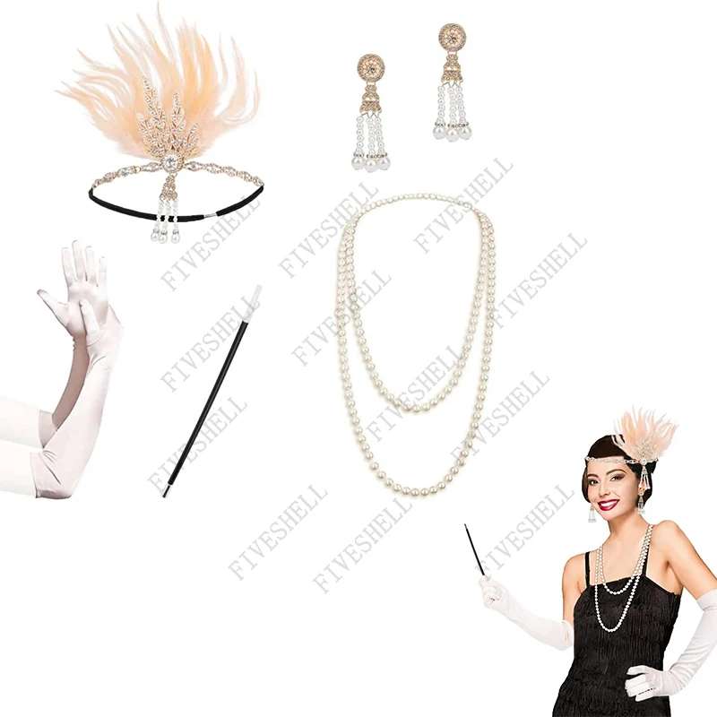 1920s Flapper Girls Accessories Set for Women Great Gatsby Costume Headband Earrings Necklace Gloves Cigarette Holder Ladies 25